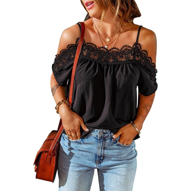 Lace Off-neck Short Sleeve Top Pullover Shirt - Trendha