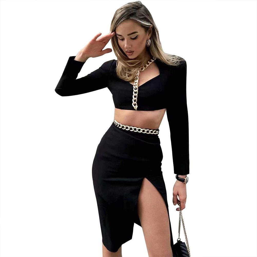 Lady Sexy Iron Chain Navel Elastic Bandage Suit Skirt - Trendha