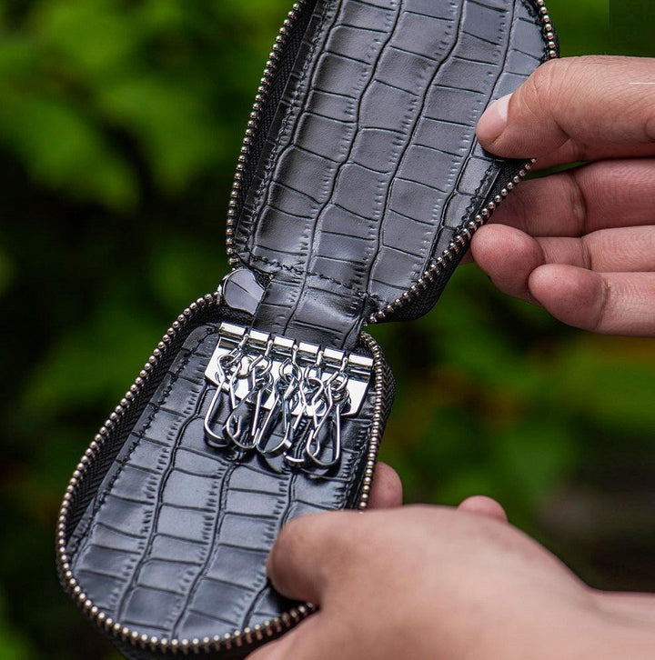 Leather Men's And Women's Zipper Car Key Bag Vertical Card Holder - Trendha