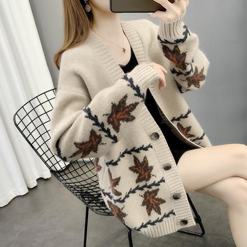 Maple Leaf Jacquard Knitted Cardigan Women's Loose Sweater - Trendha