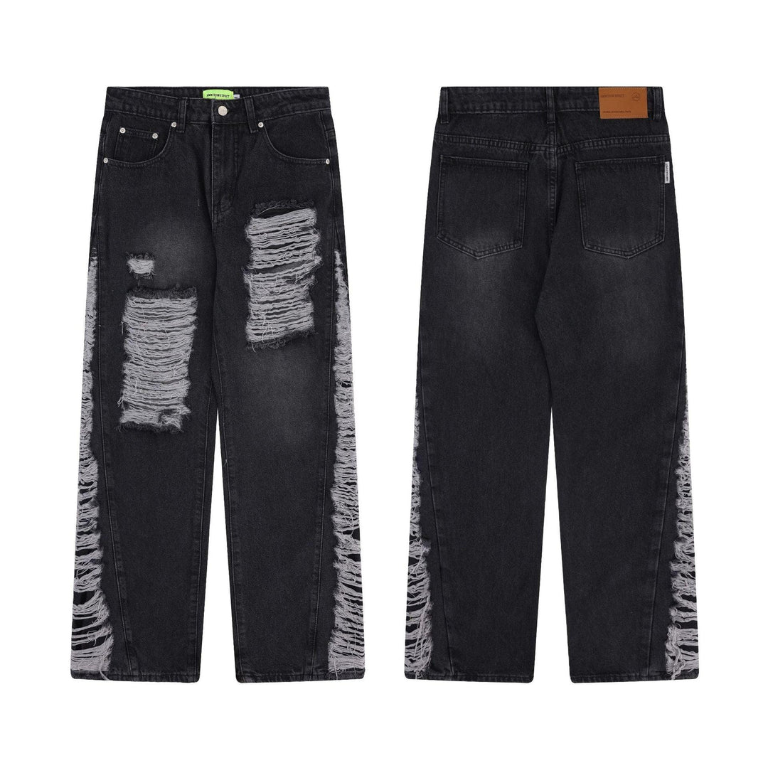 Men's And Women's Same High Quality Loose Hole Washed Denim Trousers - Trendha