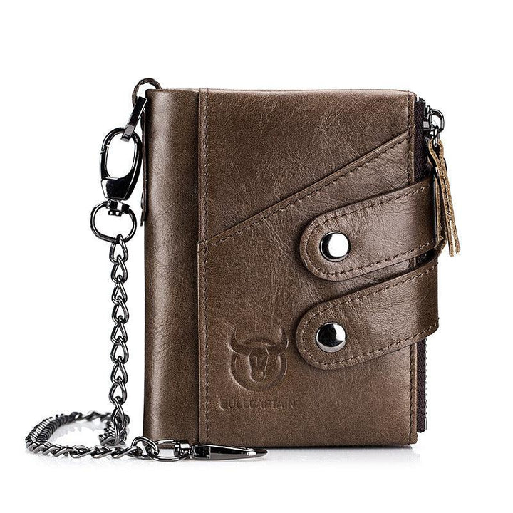 Men's Genuine Leather Retro Zipper Tri-fold Cowhide Wallet - Trendha