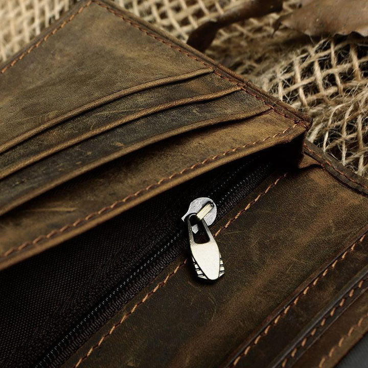 Men's Vintage Crazy Horse Leather Long Vertical Wallet - Trendha
