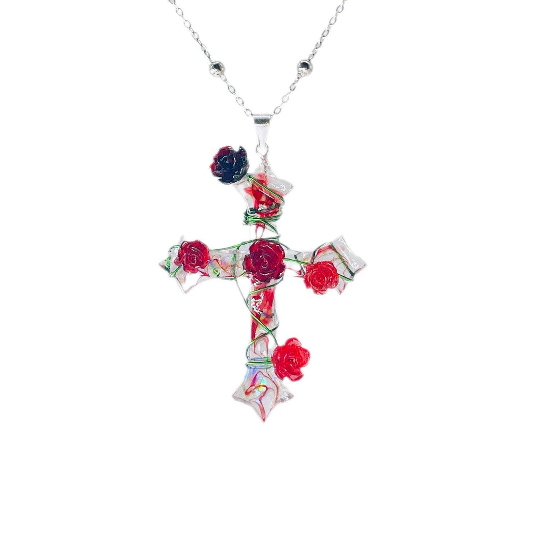 Miaoke Handmade S925 Sterling Silver Cross Necklace Rose Pendant - Trendha