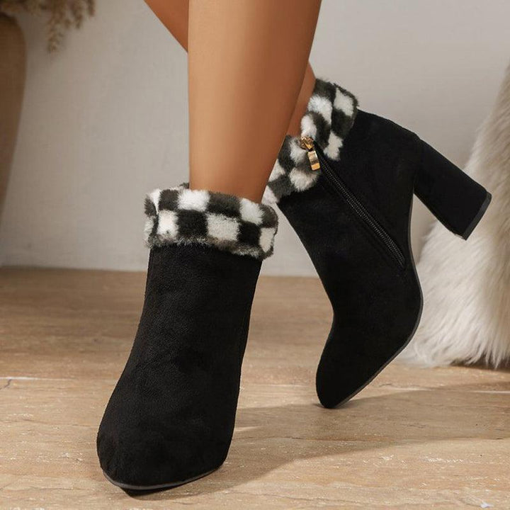 New Plaid Print Plush Ankle Boots Winter Fashoin Square Heel Suede Boots Women Casual Versatile Shoes Autumn And Winter - Trendha