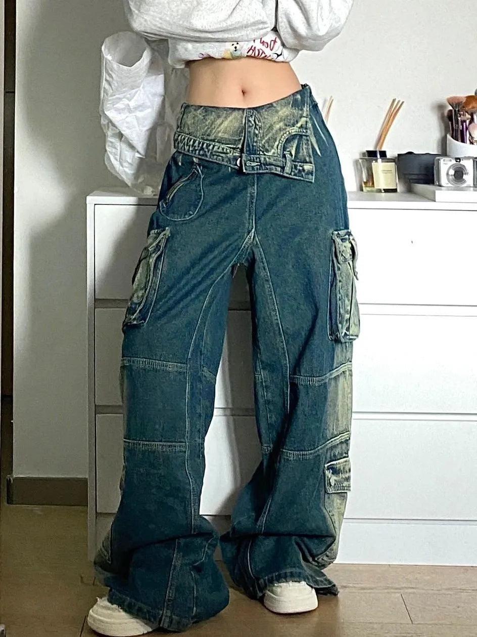 Plus Size Retro Washed Cargo Jeans Women - Trendha