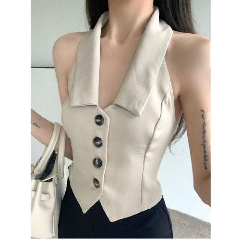 Pure Desire Chic Sweet Hot Girl Short Irregular Design Polo Collar Halter Sleeveless Knitted Vest - Trendha