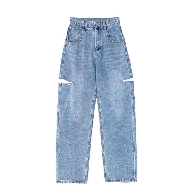 Ripped Floor Mop Jeans Thigh Asymmetrical Raw Edge Spice Wide Leg Pants - Trendha