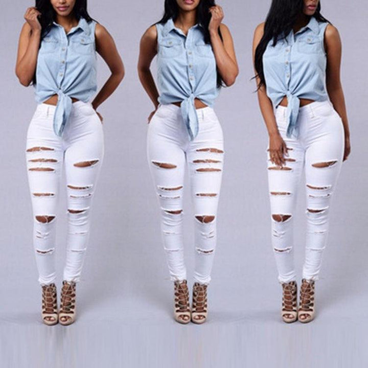 Ripped Jeans Women Skinny Trousers Casual High Waist Pencil Pants - Trendha