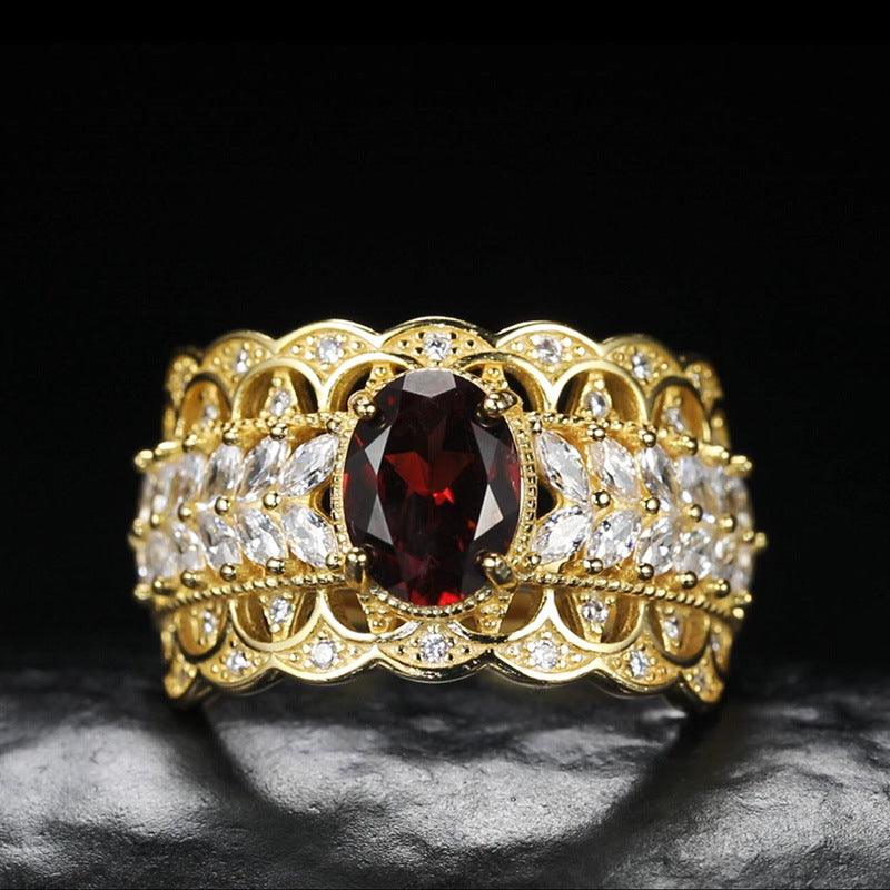 S925 Sterling Silver Inlaid Natural Pomegranate Vintage Lace Ring - Trendha