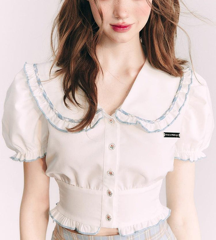 Small Shirt Puff Sleeve Navy Style French Style Peter Pan Collar Short Sleeve - Trendha