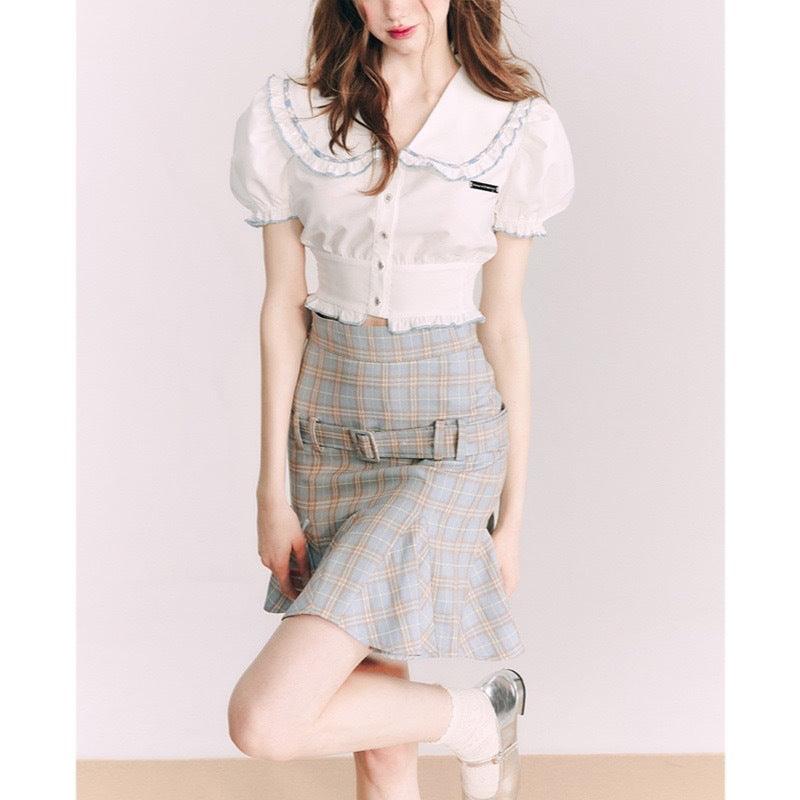 Small Shirt Puff Sleeve Navy Style French Style Peter Pan Collar Short Sleeve - Trendha