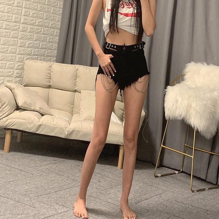 Spring And Summer Fashion Vintage Washed Hollow-out Midriff Chain Denim Shorts - Trendha