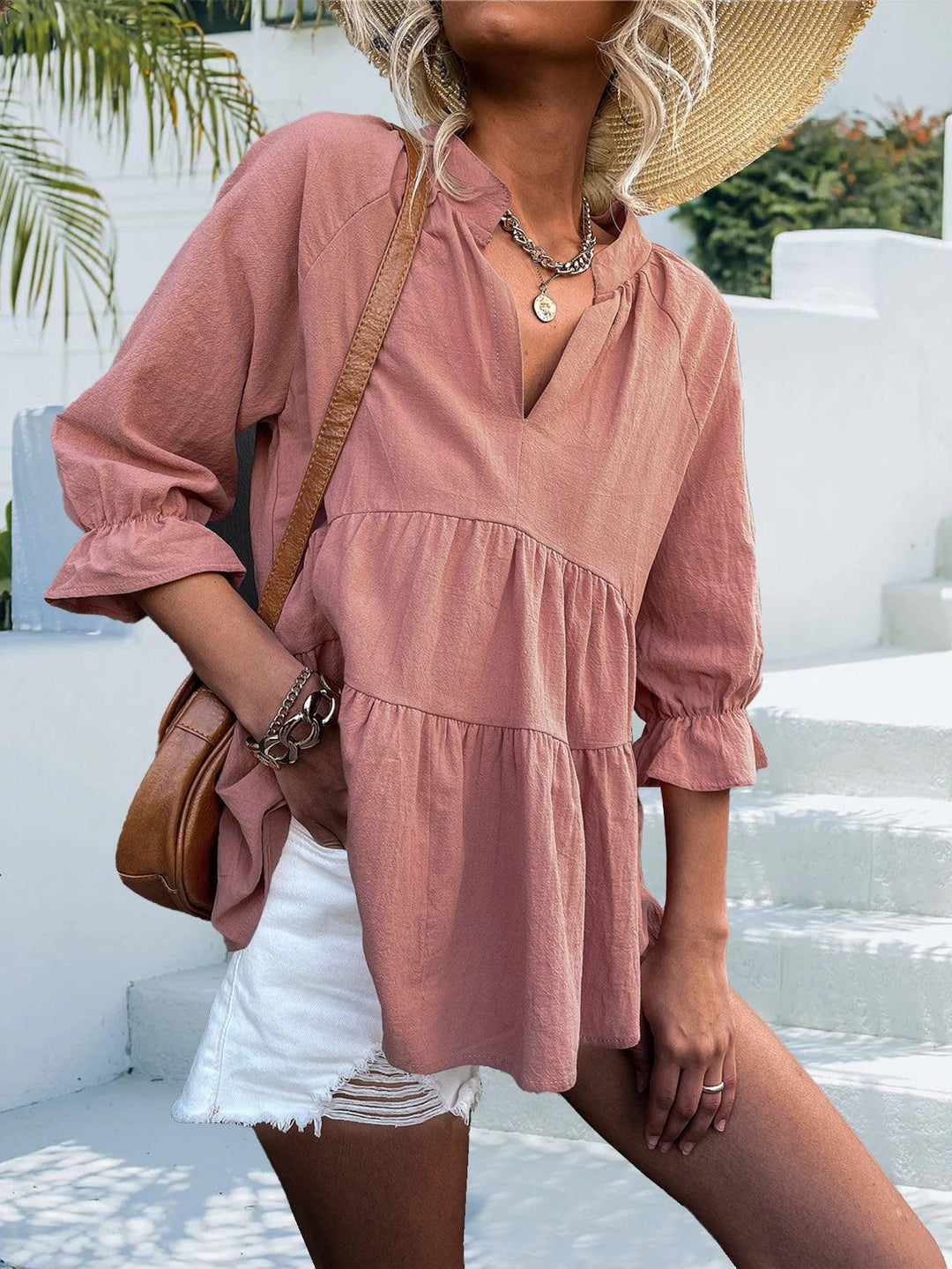 Spring And Summer New Popular Solid Color And V-neck Top - Trendha
