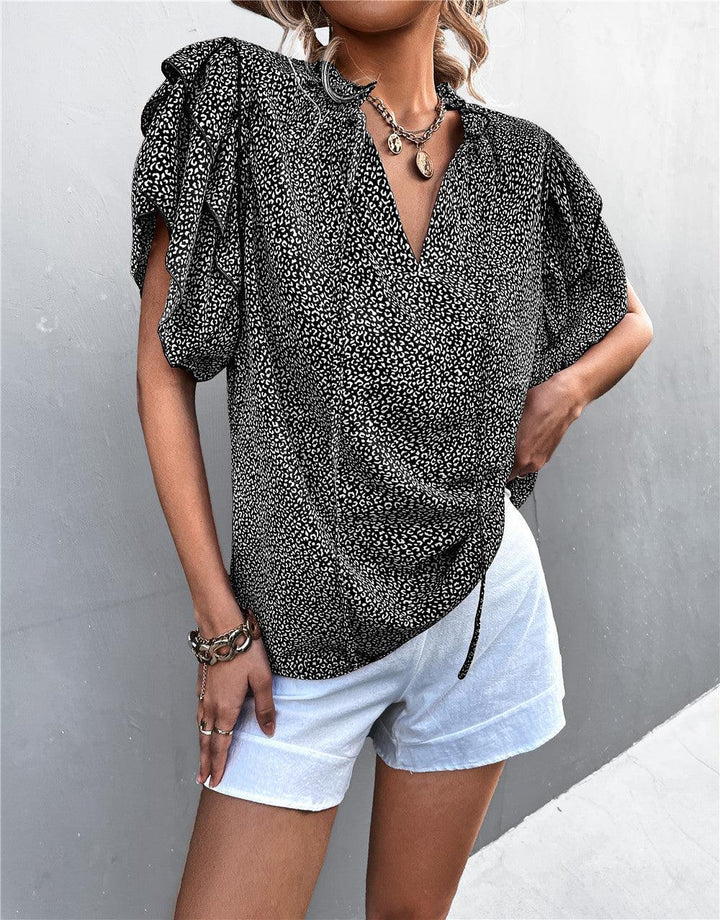 Tied V-neck Leopard Print Top Casual T-shirt - Trendha