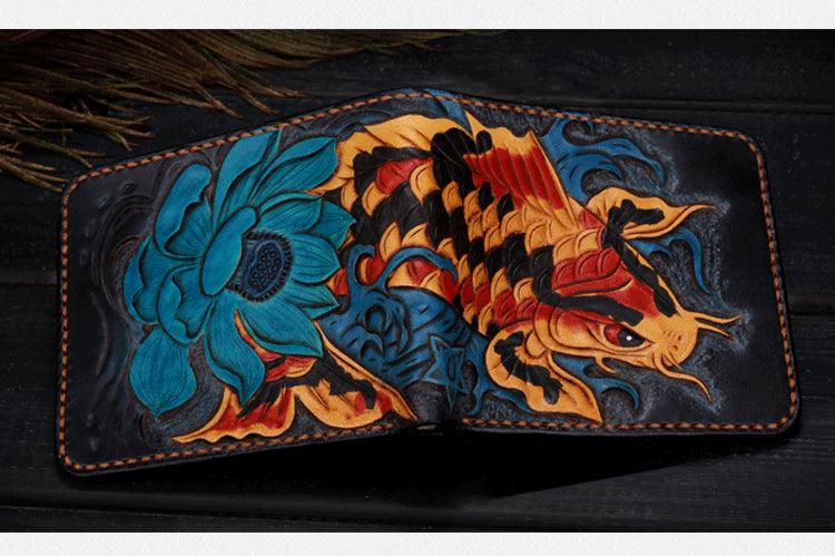 Vintage Pure Handmade Leather Lucky Carp Short Wallet - Trendha
