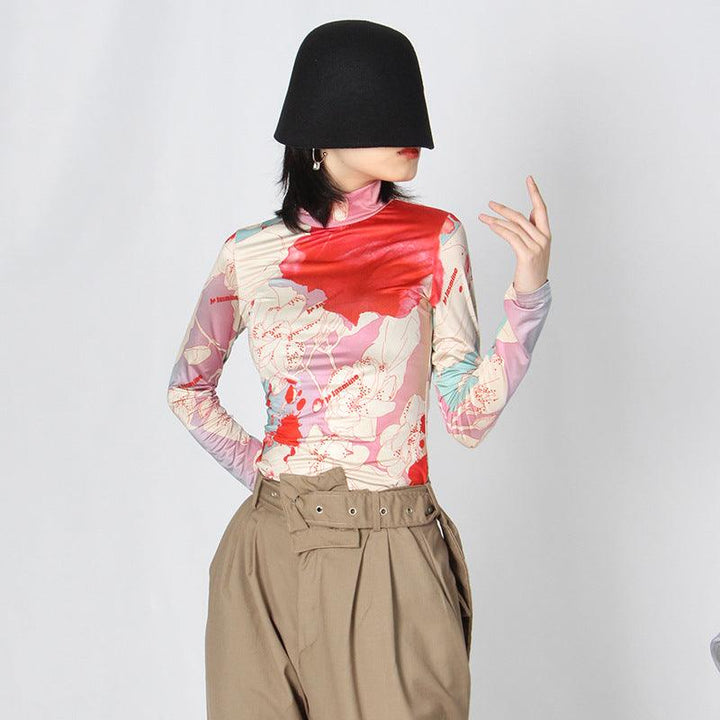 Women's Fashionable Vintage Printed Turtleneck Long Sleeve Slim Bottoming Shirt - Trendha
