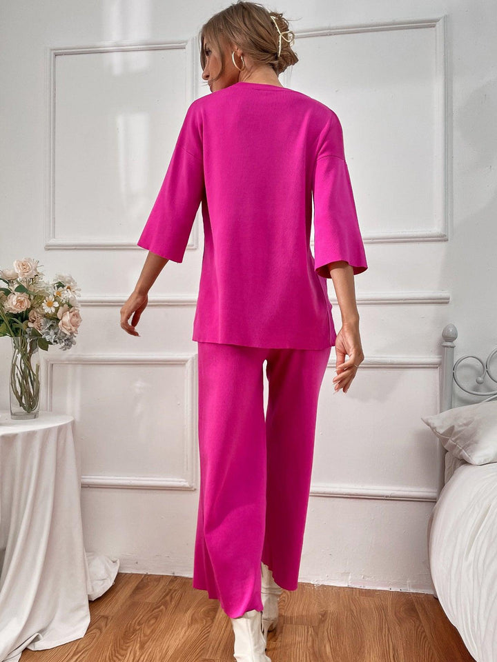 Women's Knitted Ice Silk Two-piece Suit Split Round-neck High Waist - Trendha