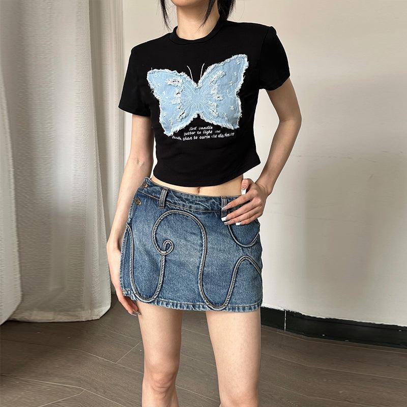 Women's Summer Hot Girl Cropped Printed Top Butterfly Embroidered T-shirt - Trendha