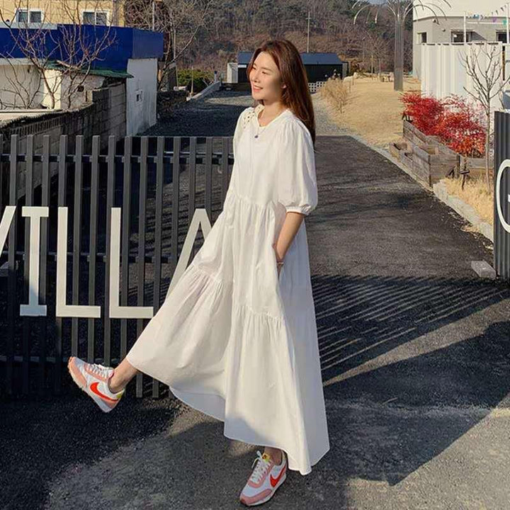 South Korea loose white dress women's plus-size temperament lady in the sleeve of the a-line fairy skirt to the ankle skirt summer - Trendha