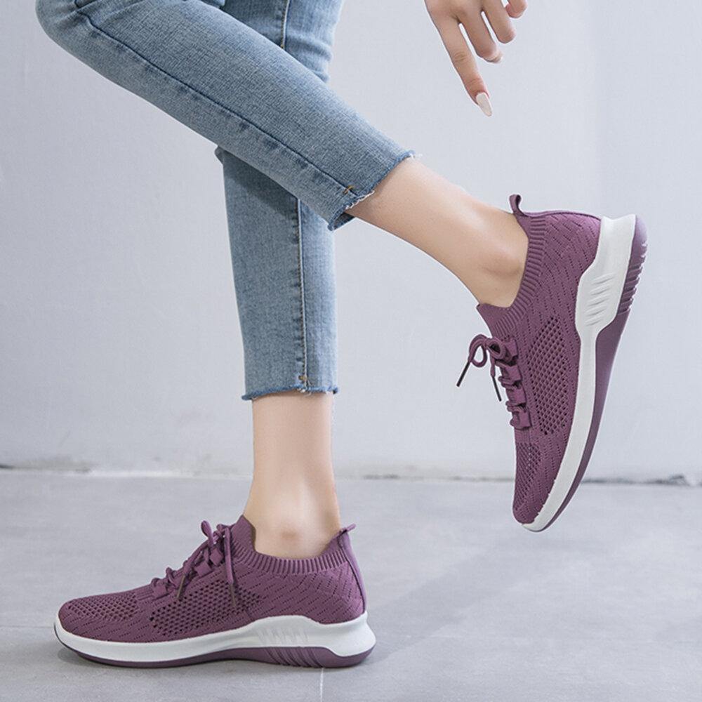 Women Solid Color Breathable Lightweight Casual Sneakers - Trendha