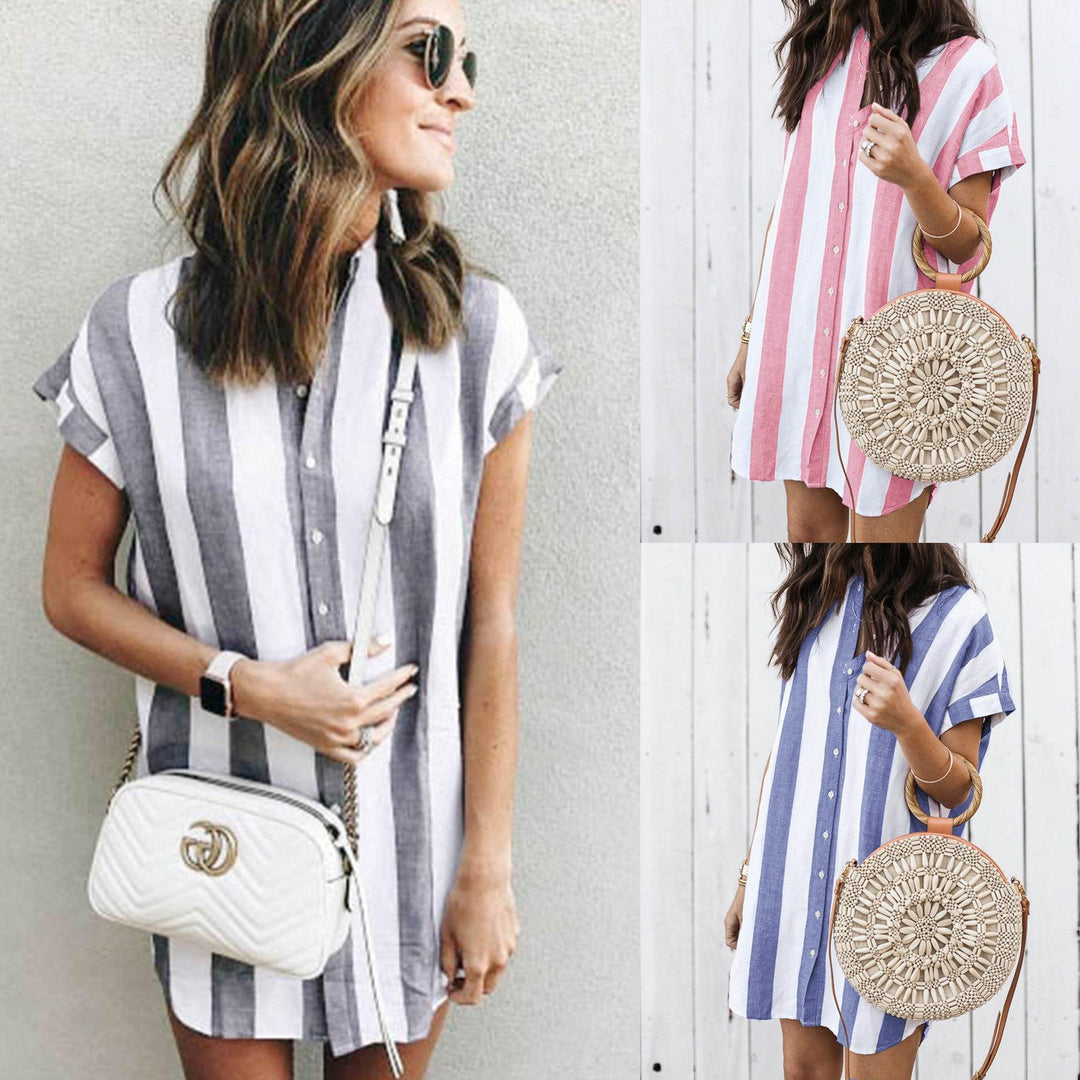 Casual Striped Loose Short Sleeve Shirt Dress - Trendha
