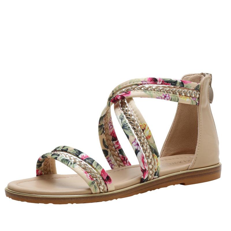 Non-slip Roman Shoes With Open-toed Floral Cloth - Trendha