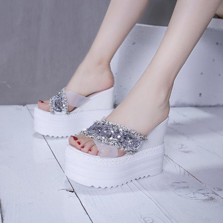 Platform Sandals And Slippers With Wedge Heel And Rhinestones - Trendha