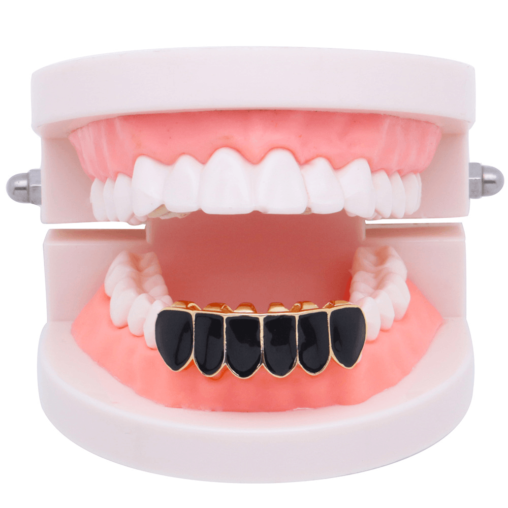 Punk Black Matte Braces Hiphop Grillz Gold Plated Dentures Set Teeth Jewelry - Trendha