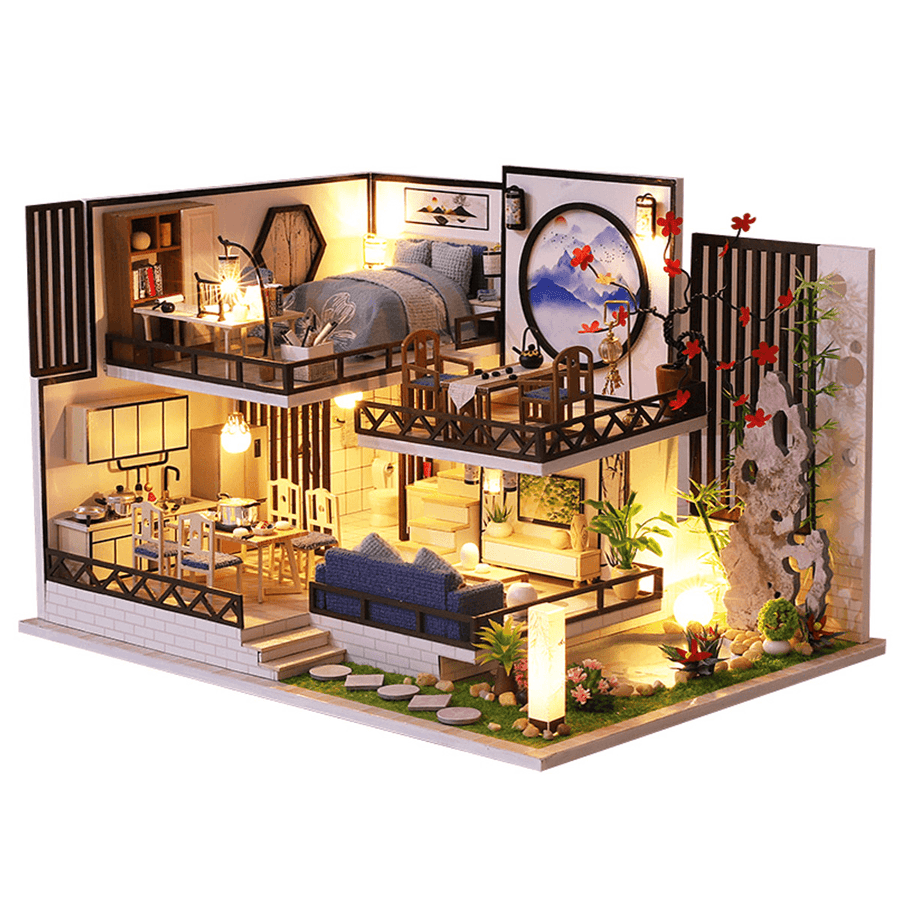 M-029 Chinese Style Wooden DIY Handmade Assemble Doll House Miniature Furniture Kit with LED Effect Toy for Kids Birthday Xmas Gift House Decoration - Trendha