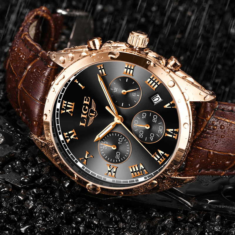 LIGE 9852 Waterproof Luminous Display Men Wrist Watch Fashion Leather Strap Quartz Watch - Trendha