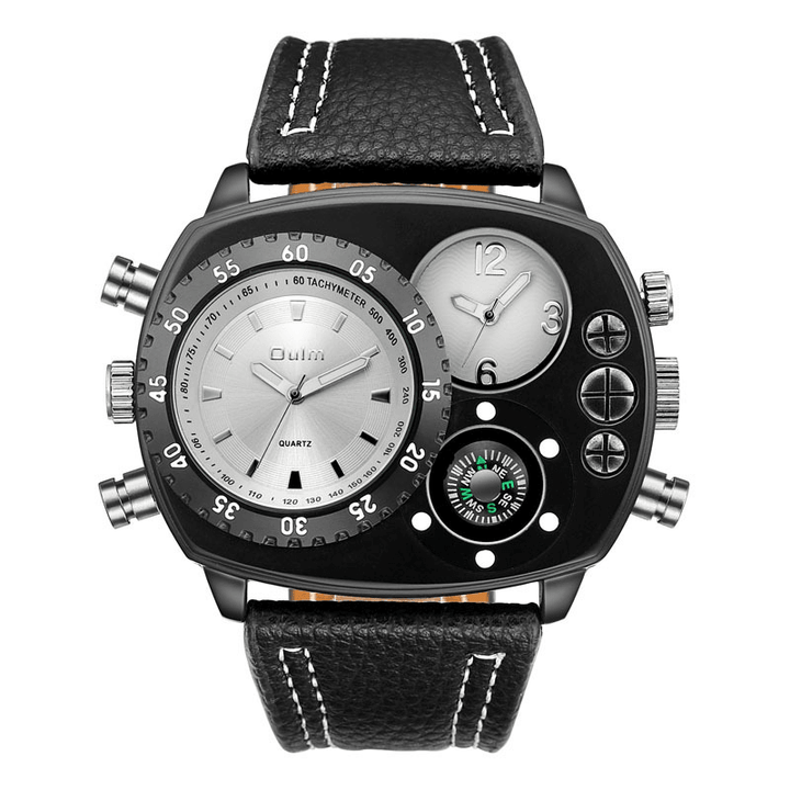 Oulm Large Dial Men Watch Dual Time Zone Compass Leather Quartz Watch - Trendha
