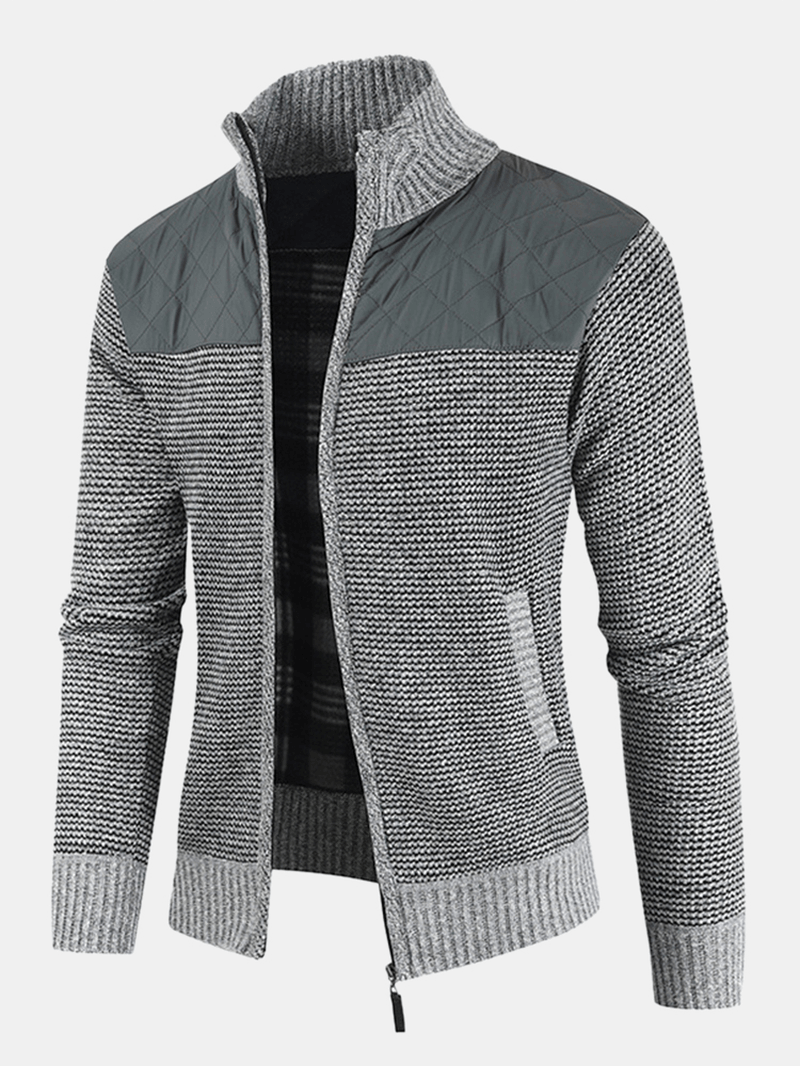 Mens Patchwork Zip Front Stand Collar Knit Casual Cardigans with Pocket - Trendha