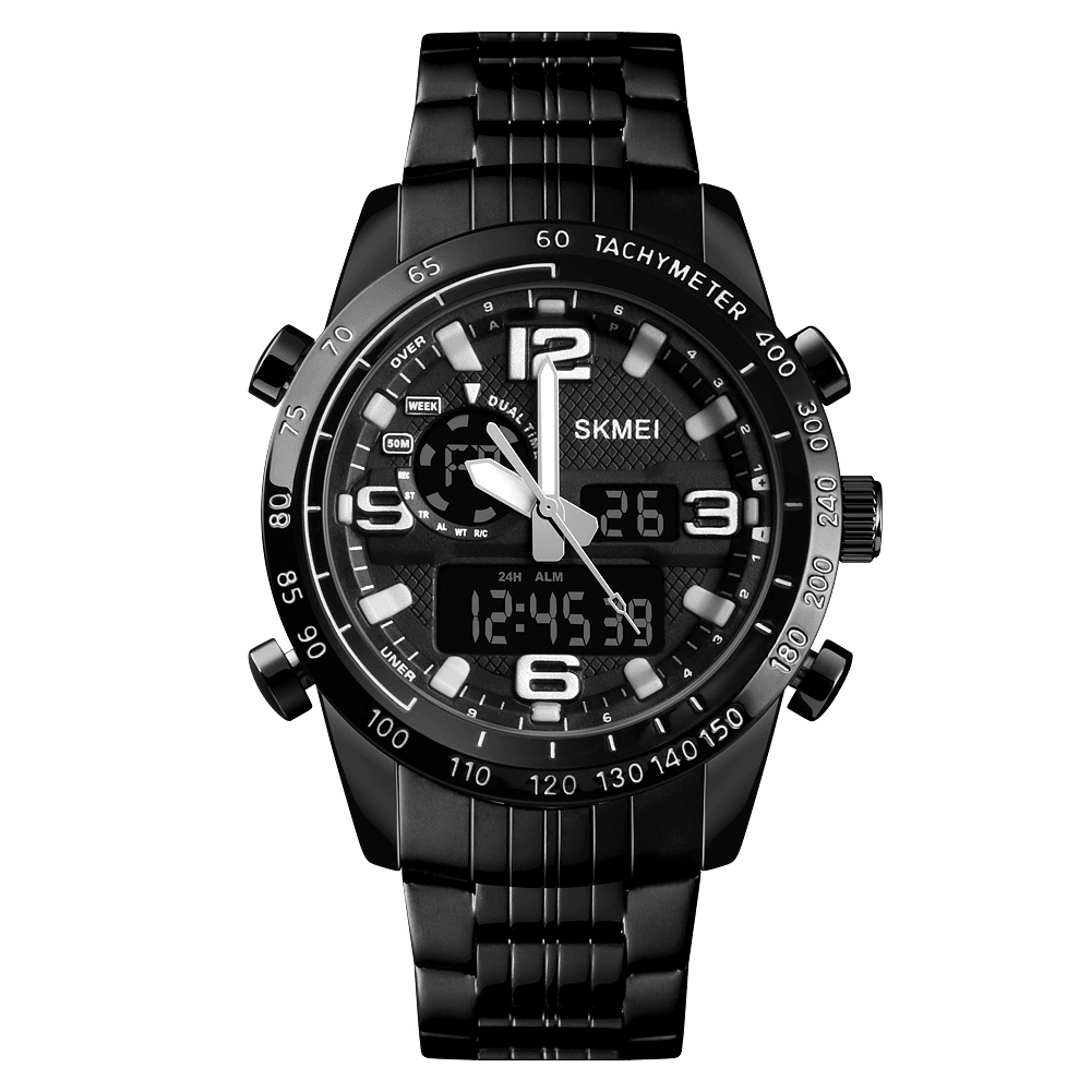 SKMEI 1453 Luxury Men Stopwatch Calendar Sport Stainless Steel Dual Disaplay Digital Watch - Trendha