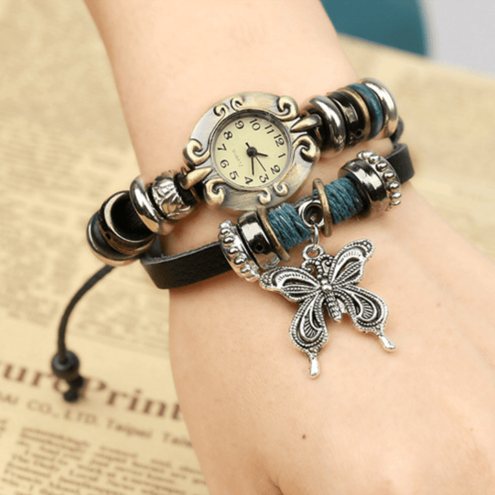 Deffrun Vintage Multilayer Cow Leather Women Bracelet Watch Butterfly Pendant Quartz Watch - Trendha