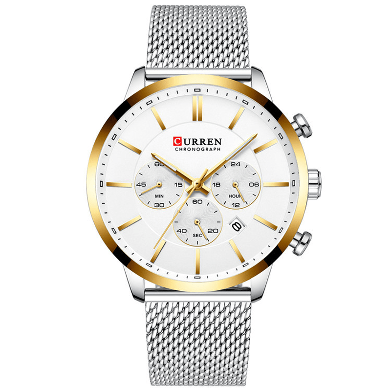 CURREN 8340 Chronograph Calendar Men Wristwatch Mesh Steel Band Quartz Watch - Trendha