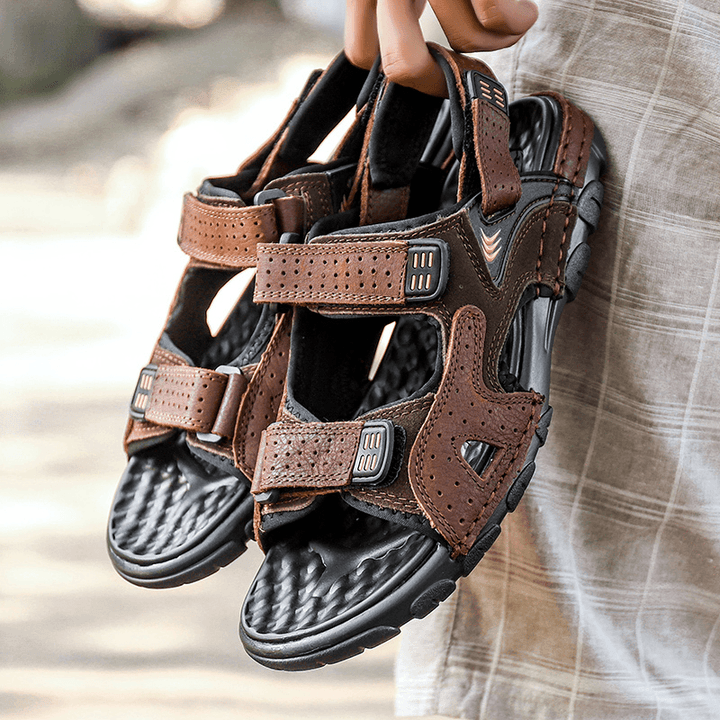 Men Summer Outdoor Comfy Cowhide Leather Non Slip Hook Loop Beach Sandals - Trendha