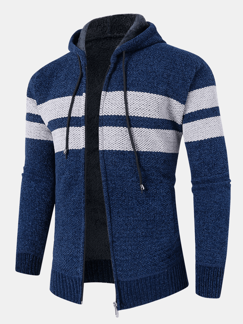 Mens Colorblock Knitted Zipper Warm Hooded Sweater Cardigans - Trendha