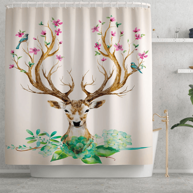 Elk Flower Printing Shower Curtain Floor Mat Four-Piece Combination Bathroom Mat Set - Trendha