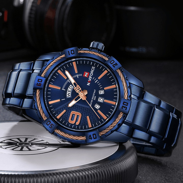 NAVIFORCE 9117 Waterproof Men Wrist Watch Calendar Full Steel Quartz Watches - Trendha