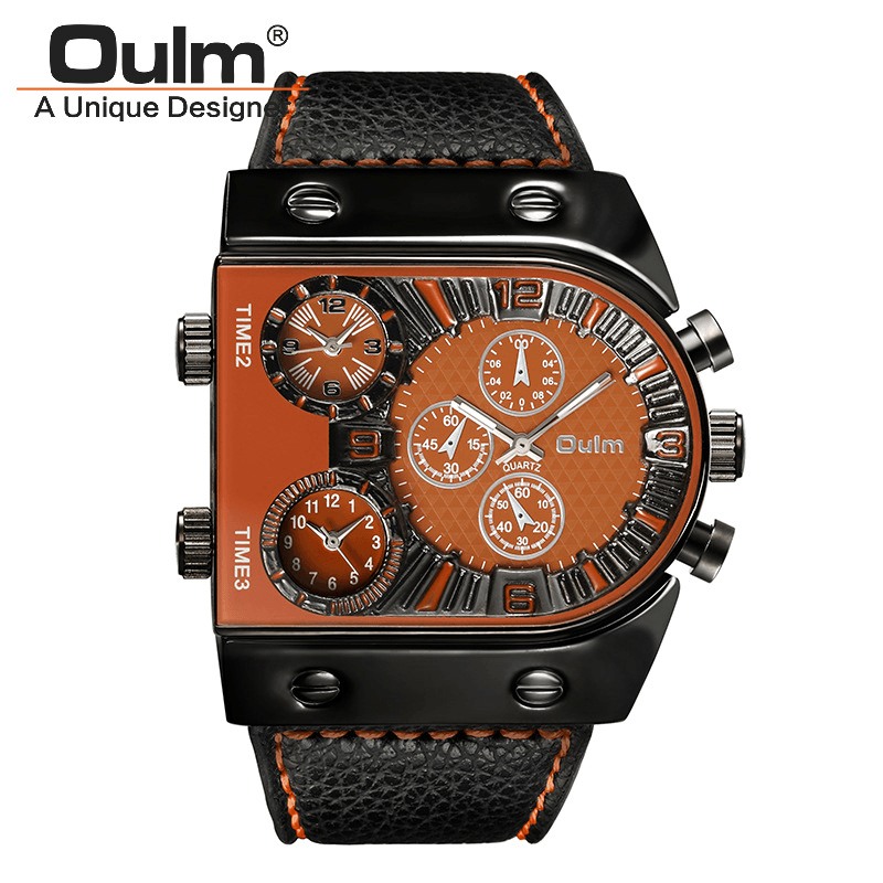 OULM Big Dial Vintage Multi Time Zones Quartz Watch PU Leather Band Men Wrist Watch - Trendha