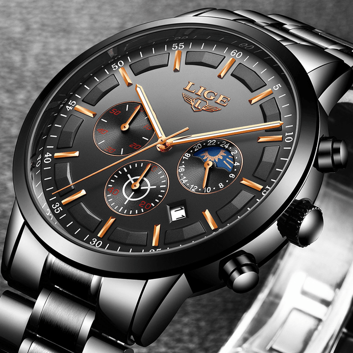 LIGE 9877 Business Style Waterproof Men Wrist Watch Luminous Display Full Steel Quartz Watches - Trendha
