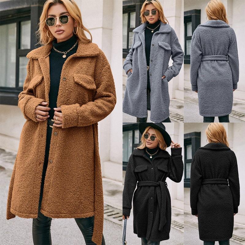 Mid-length Lapel Belted Single-breasted Plush Trench Coat - Trendha