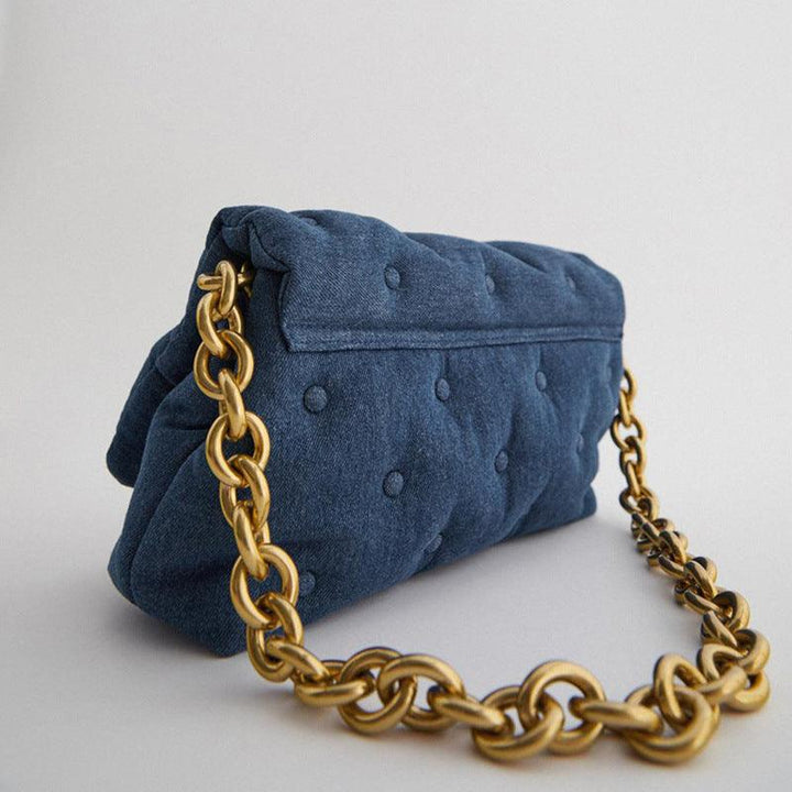 Blue oversized denim quilted shoulder messenger bag chain bag - Trendha