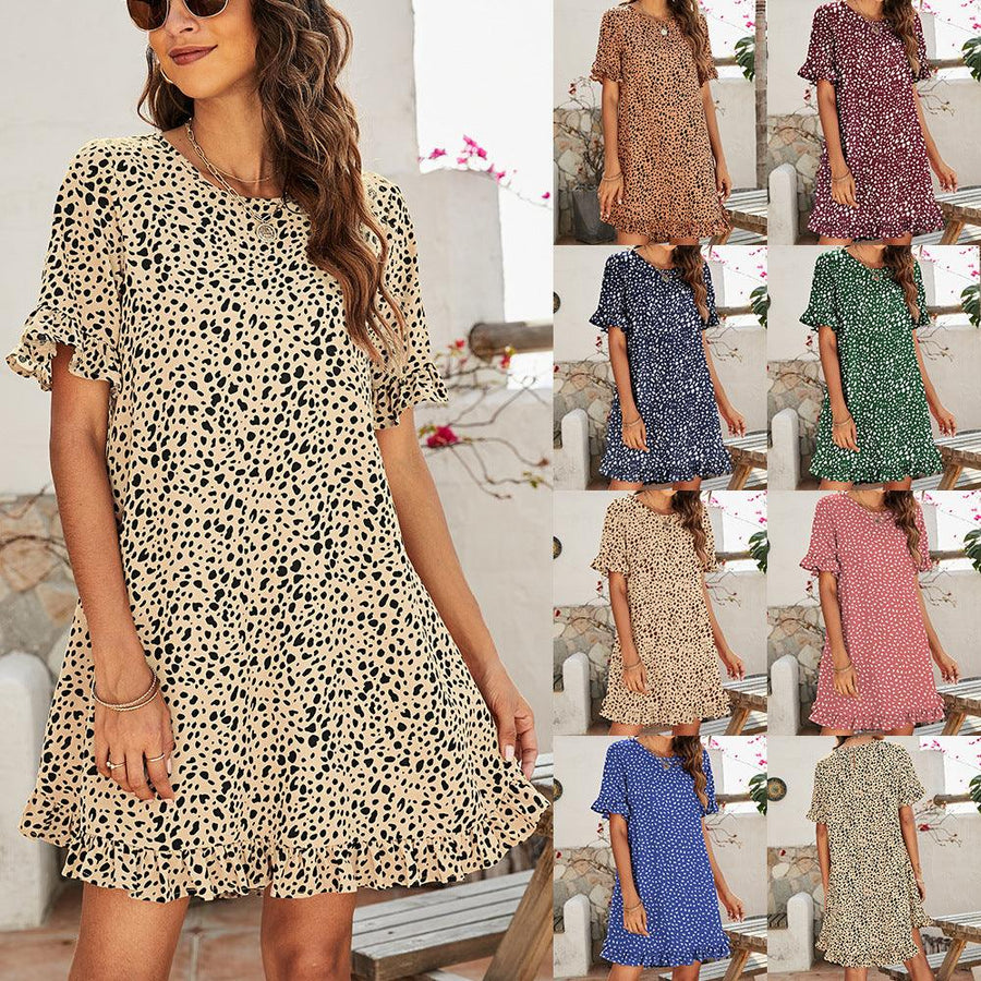 Leopard Print Round Neck Short Front And Back Long Ruffle Dress Women - Trendha