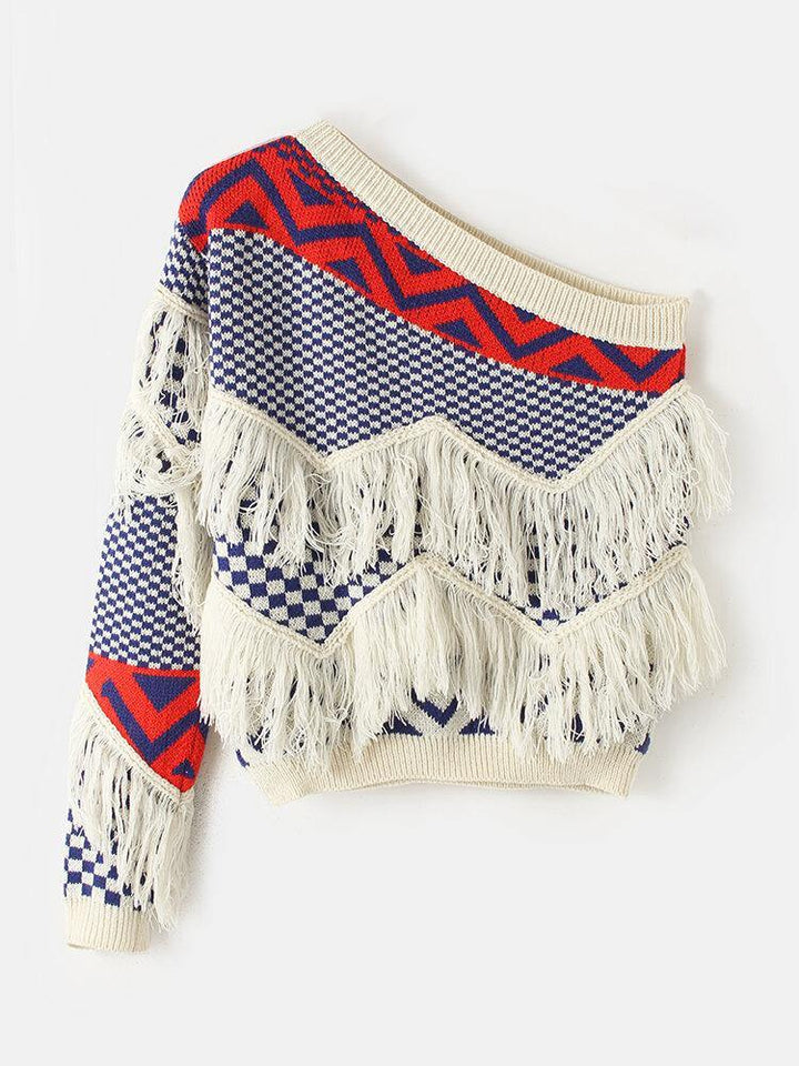 Women Grid Pattern Knitted Stitching One Shoulder Tassel Sweater - Trendha