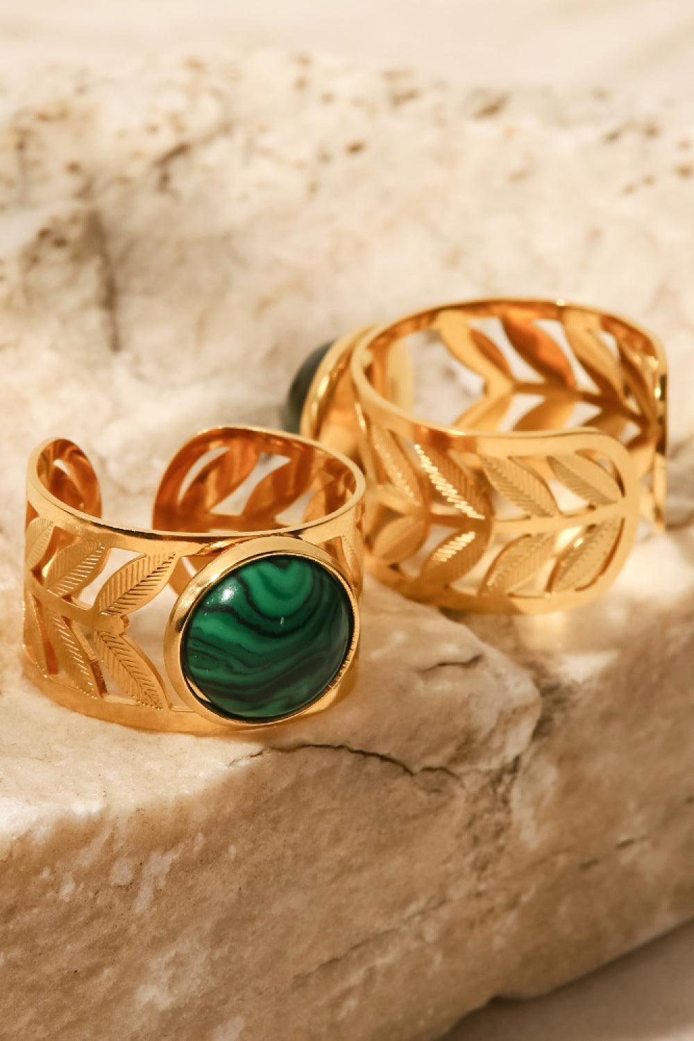 18k Gold Plated Malachite Leaf Ring - Trendha