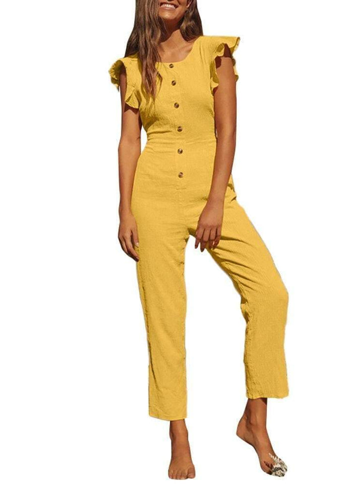 Women O-Neck Fitting Short Sleeve Back Zipper Solid Jumpsuits - Trendha