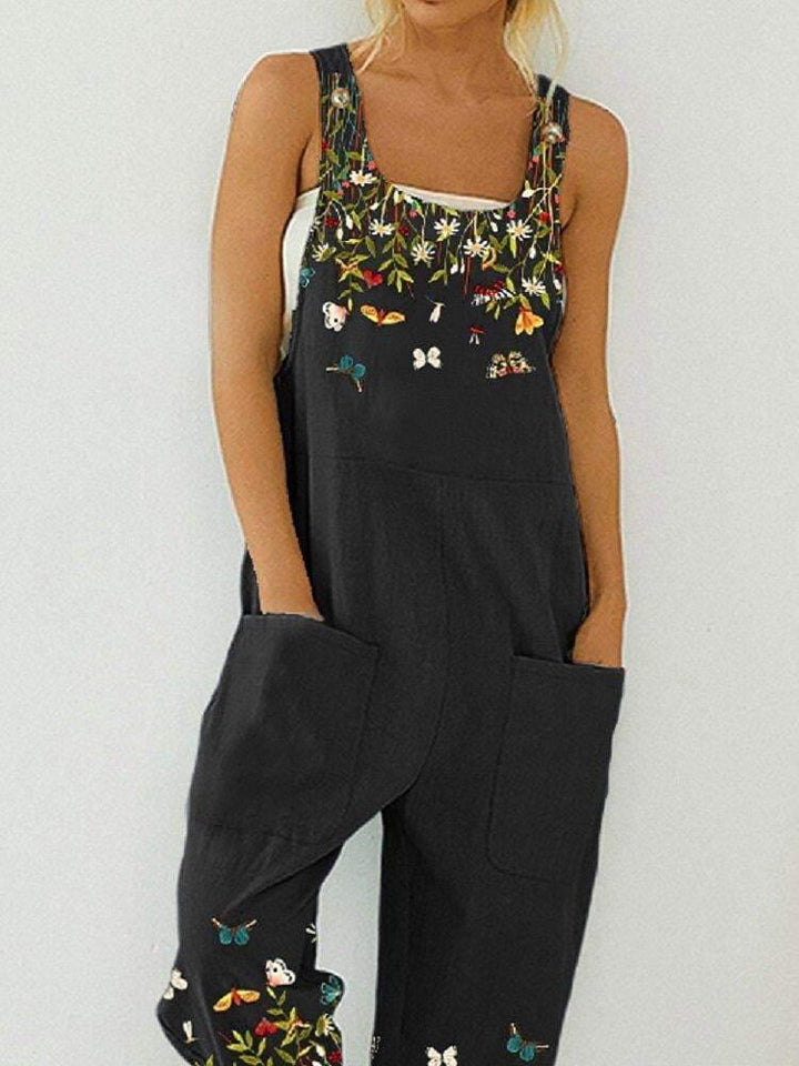 Butterfly Flower Print Strap Button Pocket Casual Jumpsuit Overalls For Women - Trendha