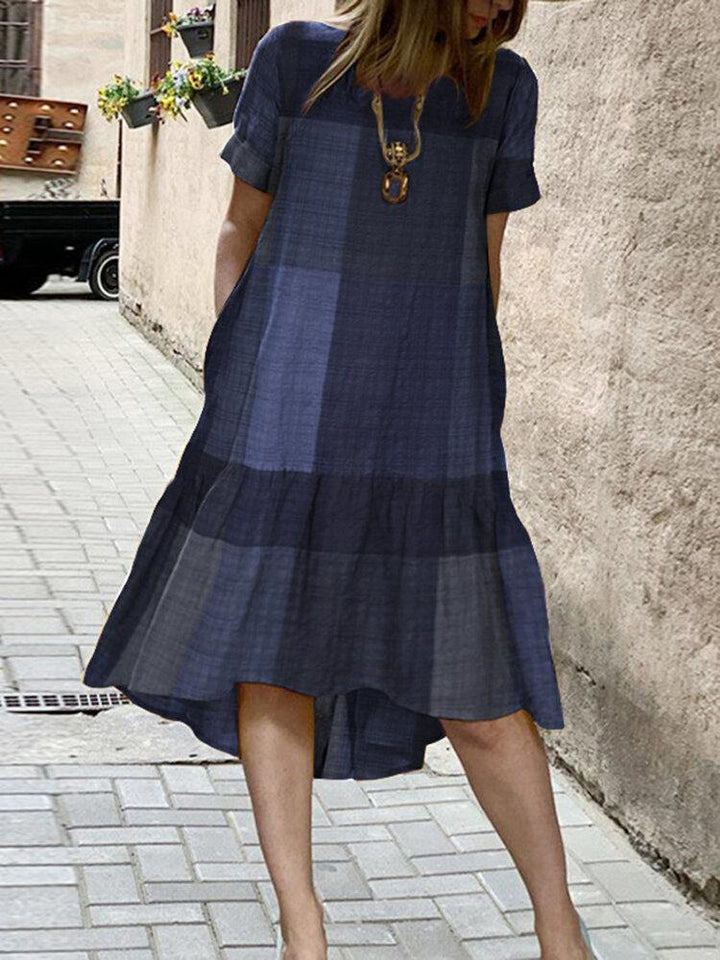 O-Neck Plaid Loose Casual Dress With Side Pockets For Women - Trendha